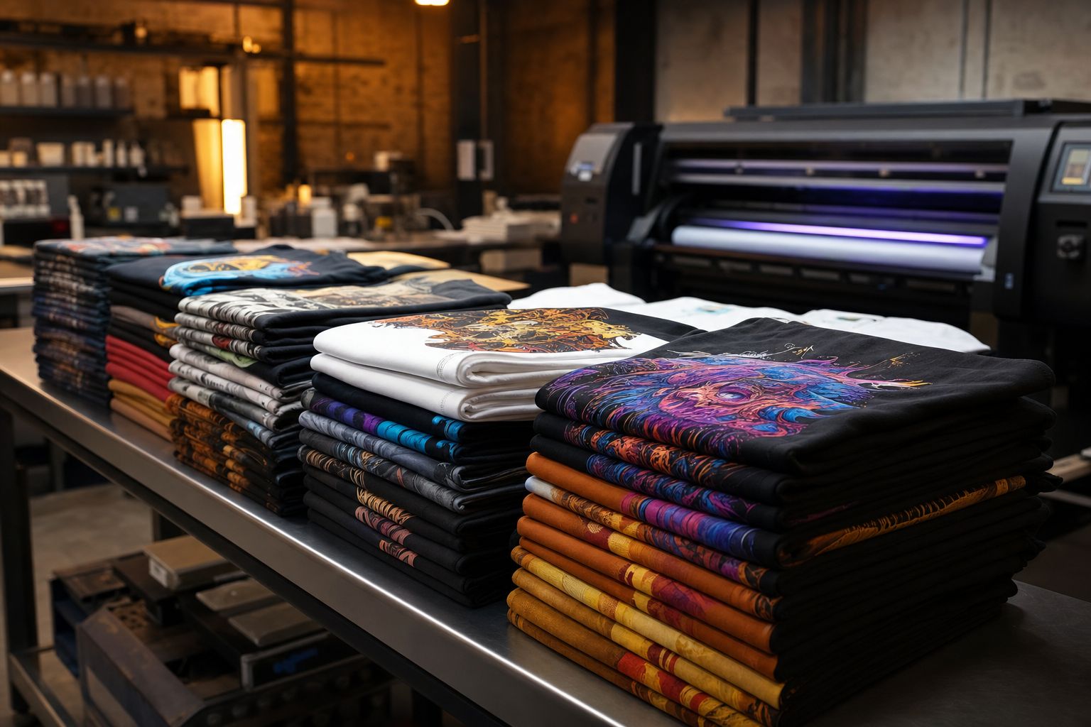 Freshly printed shirts stacked on the press floor